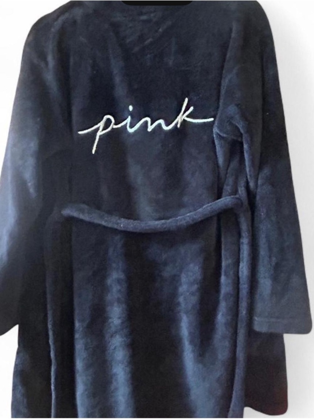 Victoria's Secret Plush Robe with 'pink' Embroidery in Navy